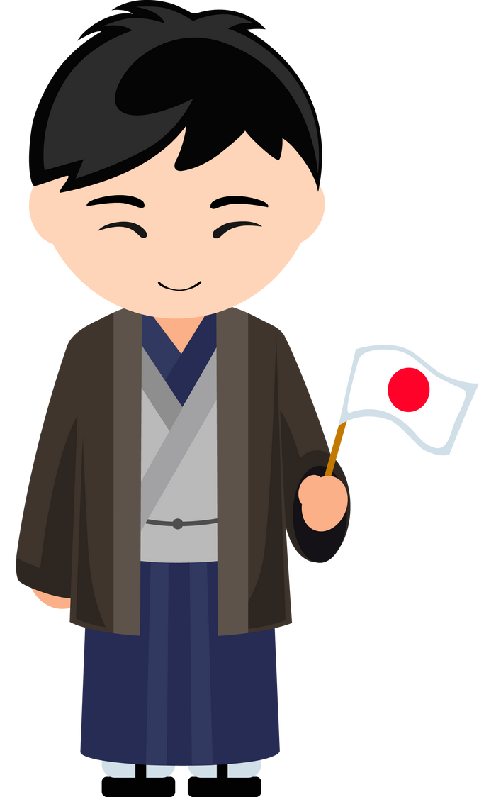 Man in japanese national costume with flag.